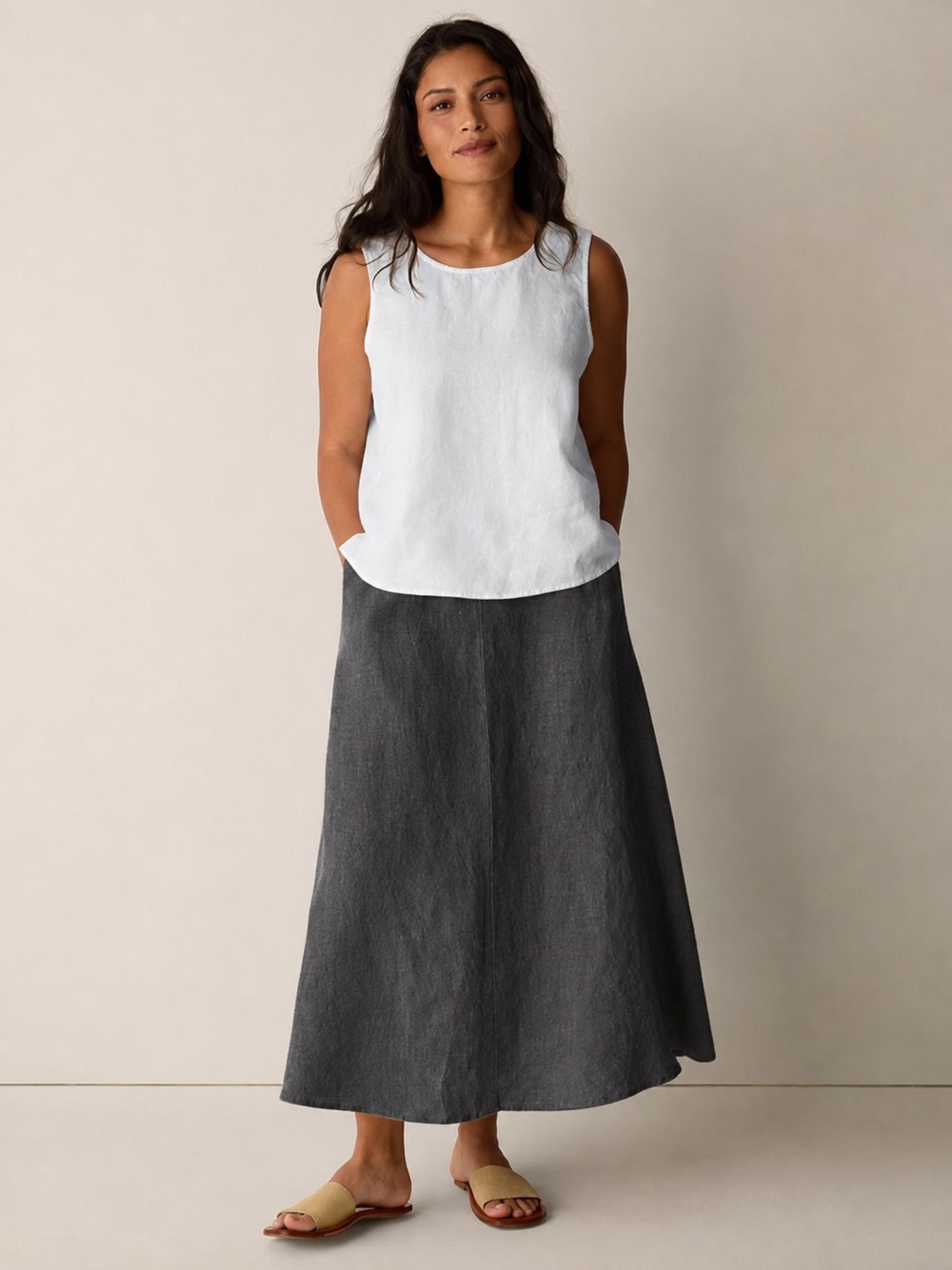 Eileen Fisher Linen Maxi Skirt Large Deep Charcoal